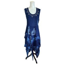 Womens Boho Handkerchief Hem Fairy Dress W/ Embroidered Floral Oversized READ